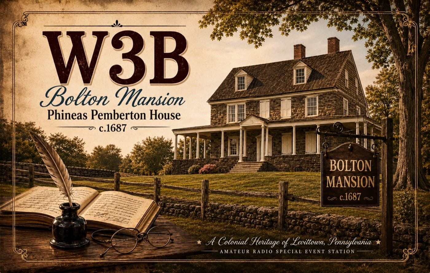 W3B QSL card — Bolton Mansion, the Phineas Pemberton House, c. 1687