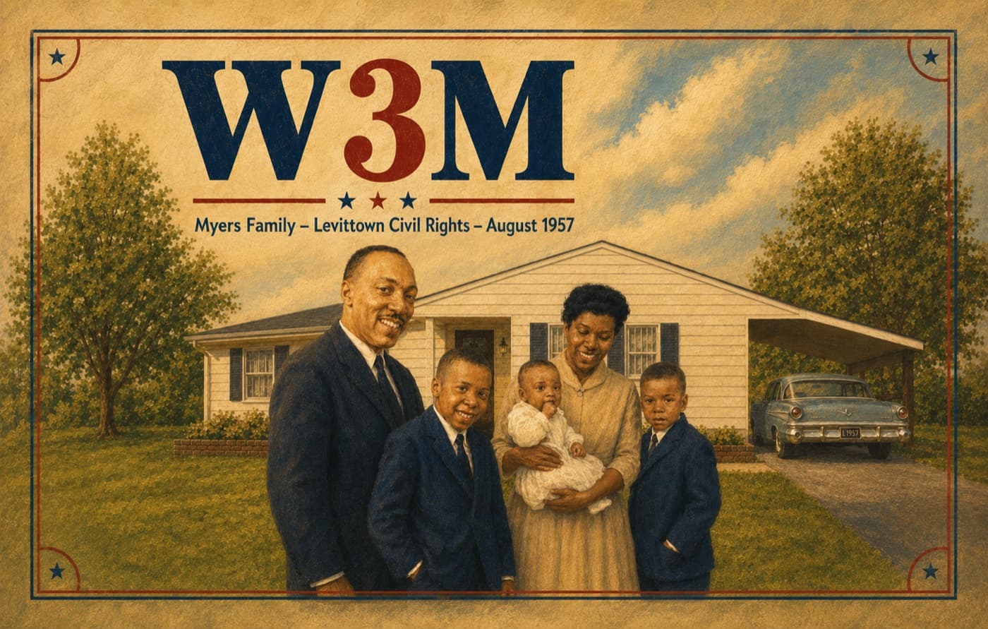 W3M QSL card: the Myers family in front of their Levittown home, August 1957