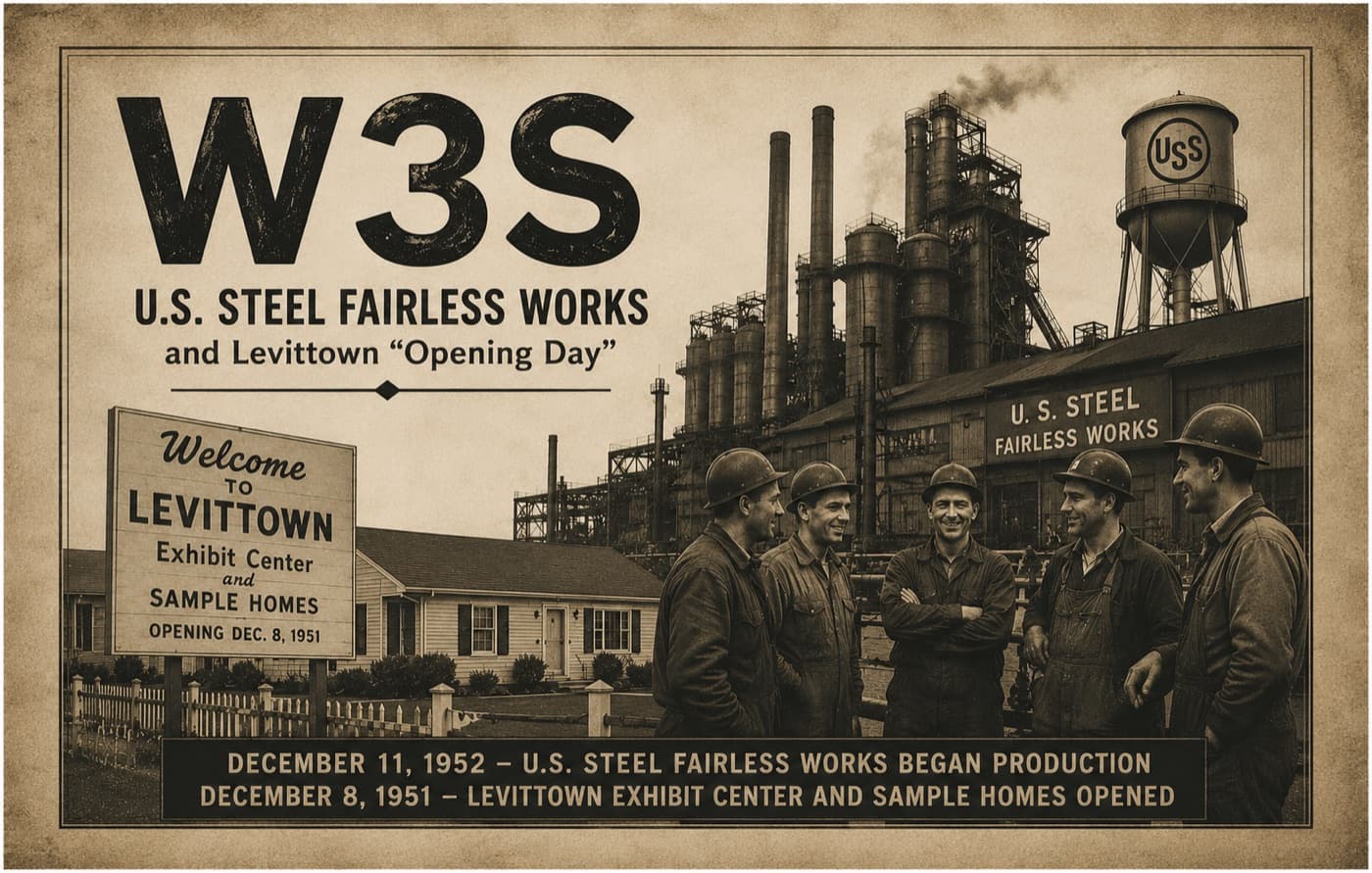 W3S QSL card: U.S. Steel Fairless Works and 1950s Levittown