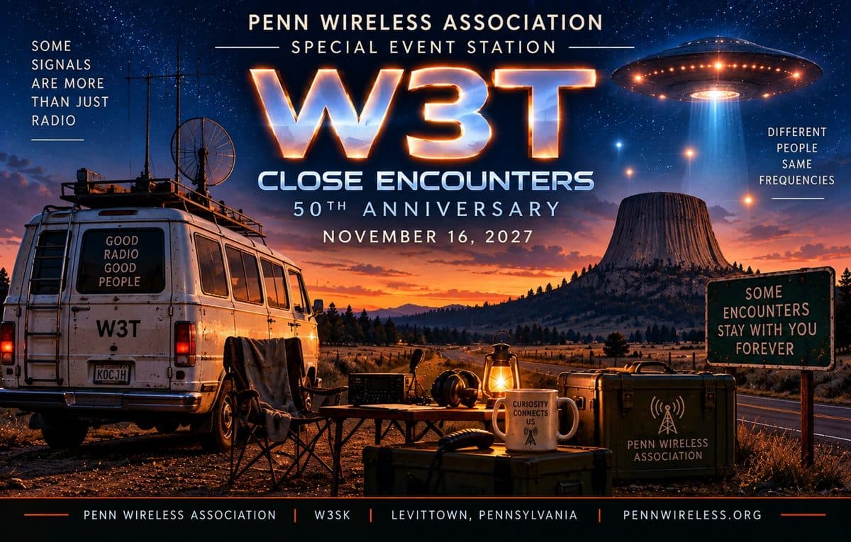 W3T QSL card: Close Encounters of the Third Kind 50th anniversary, November 16, 2027
