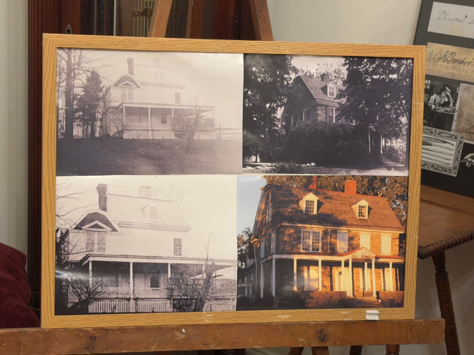 A framed display at Bolton Mansion showing the house in four different eras — three vintage black-and-white photographs and a modern color view of the stone mansion at sunset